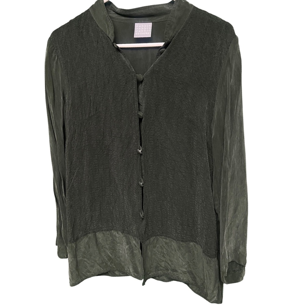 Vintage Rabbit Rabbit Rabbit Designs Womens Green Rayon Button Up Blouse Sz 10 M